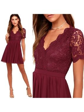 Lulu's Angel in Disguise Burgundy Lace Skater Dress